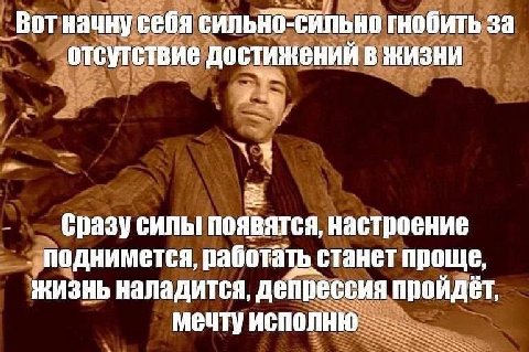 Вот начну себя сильно-сильно гнобить за ОТСУТСТВИЕ ДОСТИЖЕНИИ В ЖИЗНИ Сразу силы появятся, настроение работать станет проще, жизнь наладится, депрессия пройдёт, мечту исполню