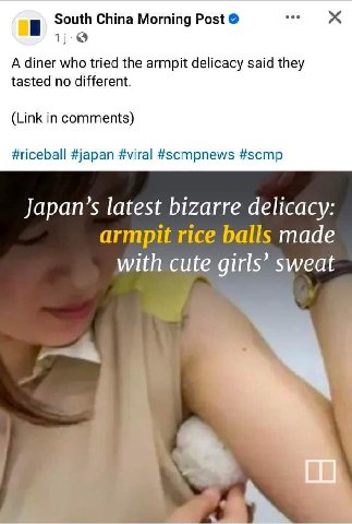 South China Morning Post 1): A diner who tried the armpit delicacy said they tasted no different. (Link in comments) #riceball #japan #viral #scmpnews #scmp Japan’s latest bizarre delicacy: armpit ric