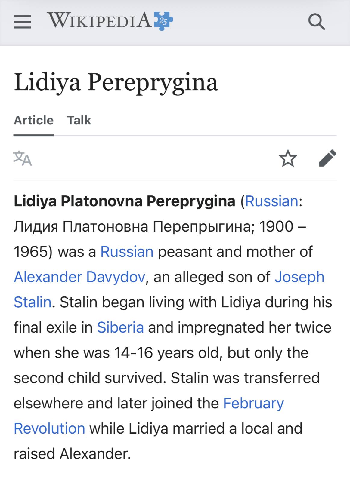 WIKIPEDIA Lidiya Pereprygina Article Talk Lidiya Platonovna Pereprygina (Russian: Лидия Платоновна Перепрыгина; 1900 1965) was а Russian peasant and mother of Alexander Davydov, an alleged son of Jose