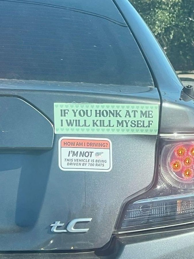 IF YOU HONK AT ME WILL KILL MYSELF THIS VEHICLE IS BEING ORIVEN 700 RATS 135
