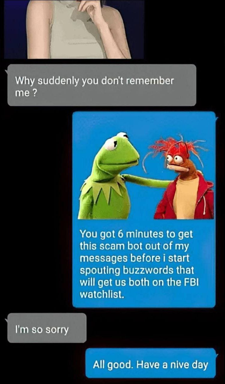 Why suddenly you dont remember me You got 6 minutes to get this scam bot out of my messages before start Spouting buzzwords that will get both on the FBI watchlist. so sorry All good. Have а nive day