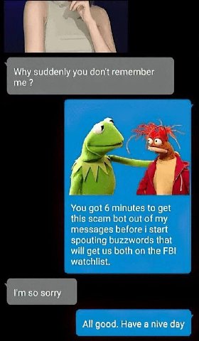 Why suddenly you dont remember me You got 6 minutes to get this scam bot out of my messages before start Spouting buzzwords that will get both on the FBI watchlist. so sorry All good. Have а nive day