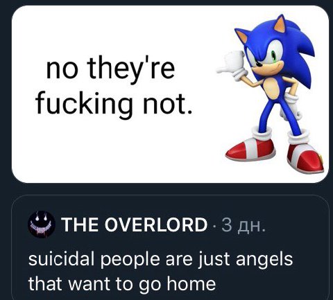 по {Неуе fucking not. THE 3 suicidal people are just angels that want to home