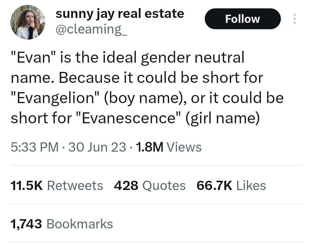 sunny jay real estate У @cleaming_ "Емап" is the ideal gender neutral name. Because it could be short for "Evangelion" (boy name), or it could be short for "Еуапезсепсе" (girl name) 5:33 30 Jun 23 Vie