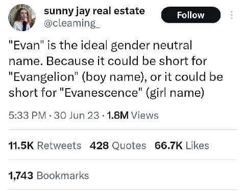 sunny jay real estate У @cleaming_ "Емап" is the ideal gender neutral name. Because it could be short for "Evangelion" (boy name), or it could be short for "Еуапезсепсе" (girl name) 5:33 30 Jun 23 Vie