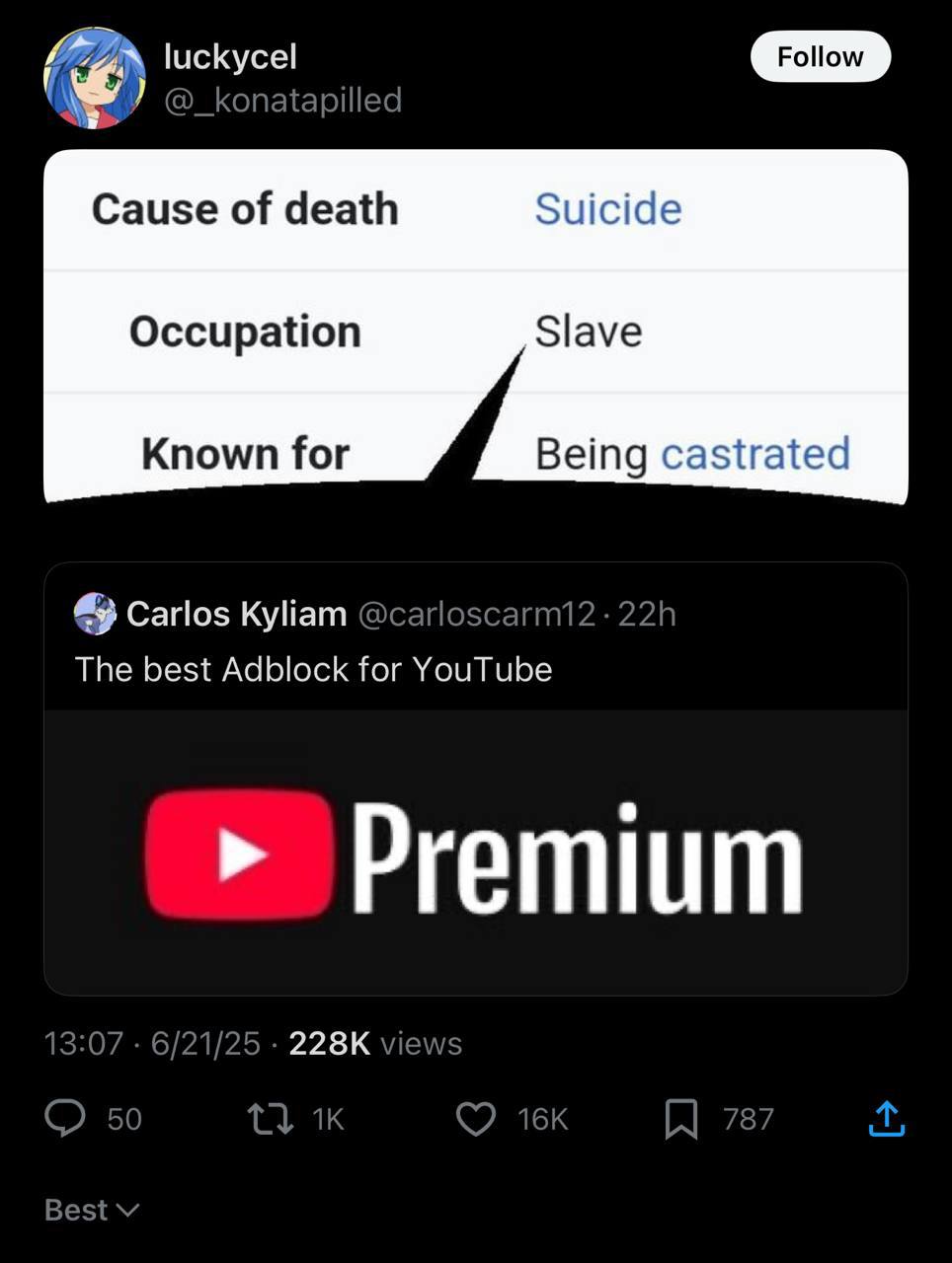 luckycel Cause of death Suicide Occupation Slave Known for Being castrated 49 Carlos Куйат 22 The best Adblock for YouTube Premium 13:07 6/21/25 views О 50 78