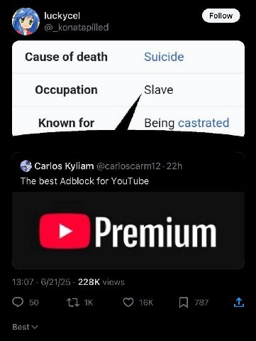 luckycel Cause of death Suicide Occupation Slave Known for Being castrated 49 Carlos Куйат 22 The best Adblock for YouTube Premium 13:07 6/21/25 views О 50 78
