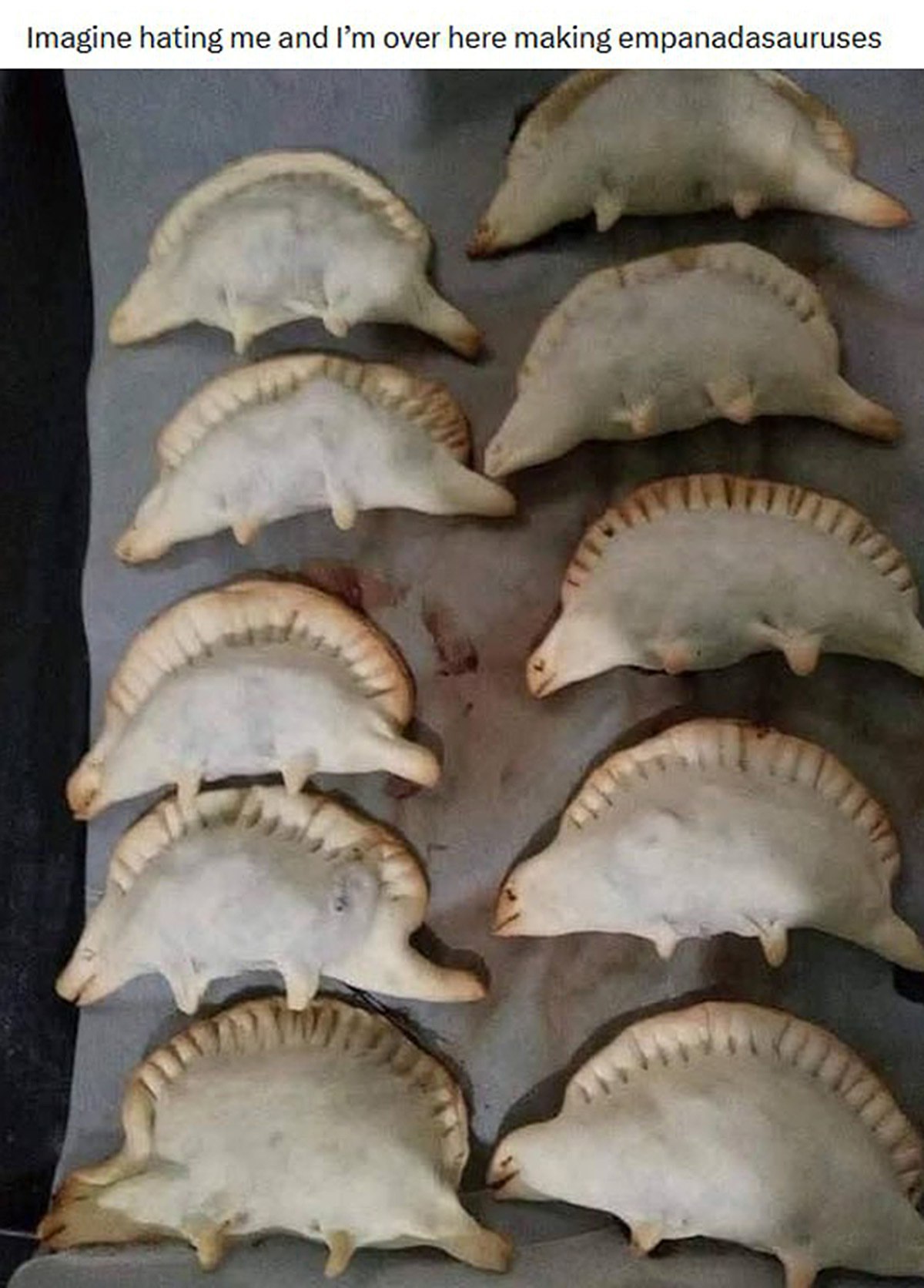 Imagine hating me and over here making empanadasauruses