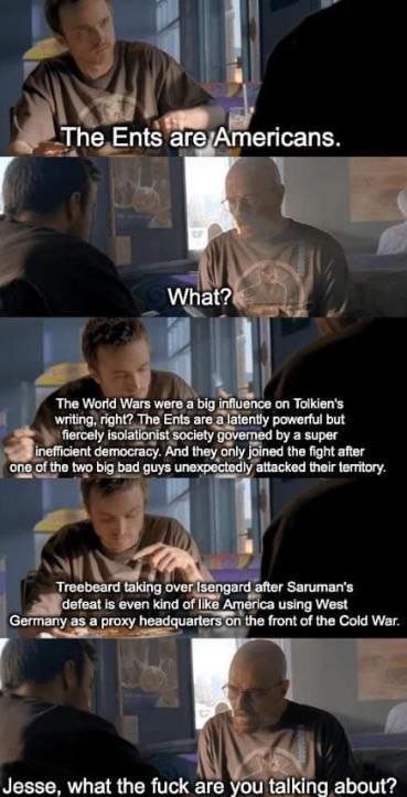 The Ents are;Americans. What? The World Wars were a big influence Taikien’s Tne Ents are a latently but fercely isolationist sociely governed a super 3 Cemocracy. And tney only joined the fight afier 