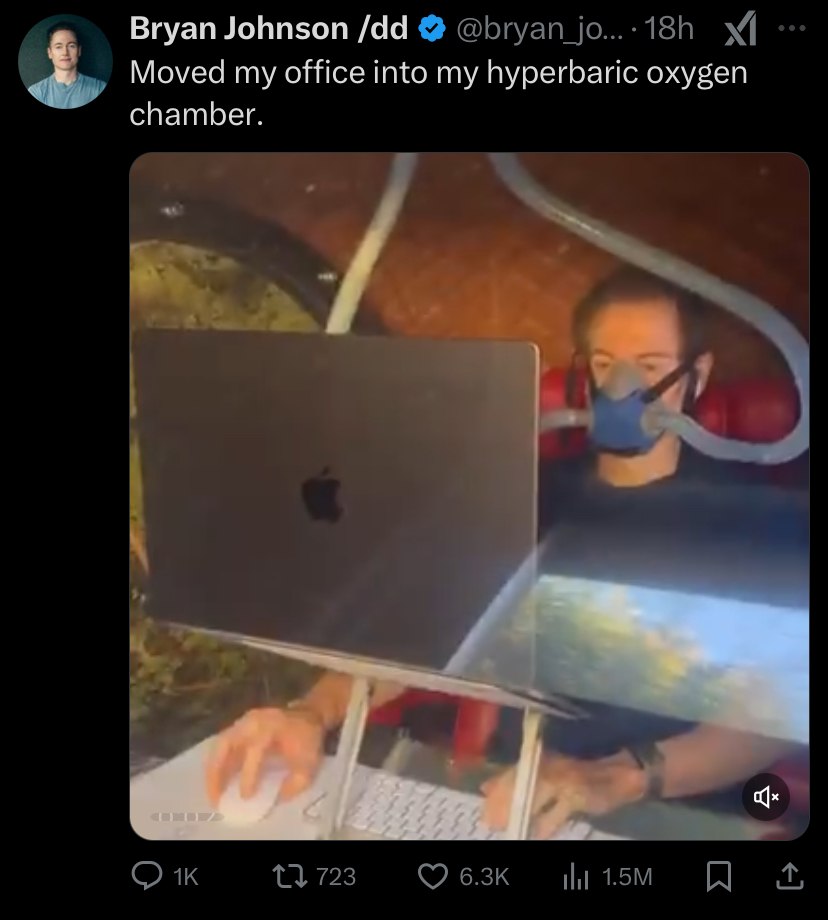 Bryan Johnson Moved my office into my hyperbaric oxygen chamber. a
