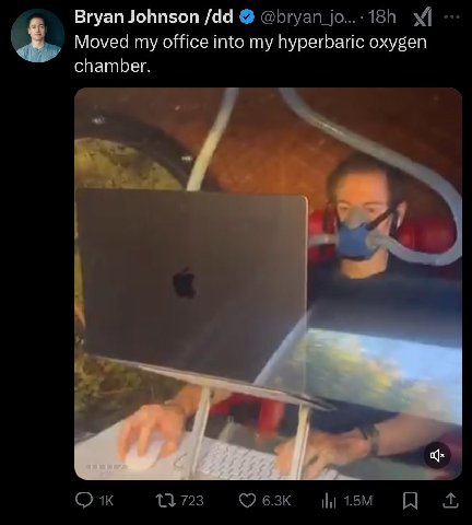 Bryan Johnson Moved my office into my hyperbaric oxygen chamber. a