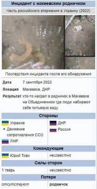 Инцидент с макеевским родничком российского вторжения в Украину (2022) инцидента после его обнаружения Дата 7 сентября 2022 Макеевка, ДНР Результат кто-то насрал родничок в Макеевке на Обьединенном гд