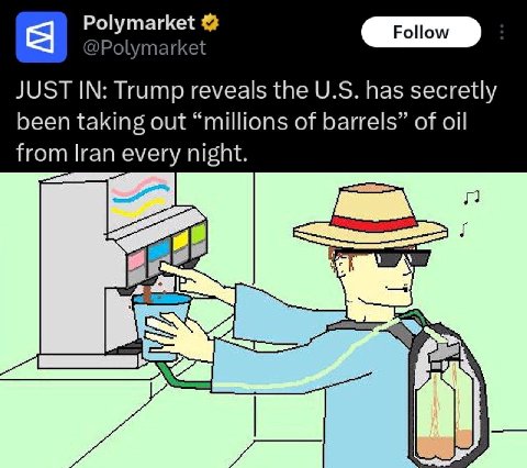 Polymarket а @Polymarket JUST IN: Trump reveals the has secretly been taking out “millions of barrels” of oil from Iran every night.