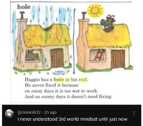 hole у i i 4 Haggis has a hol his He never fixed it because on rainy days it is too wet to work And on sunny days it doesn’t need fixing @clone3632 ago understood world mindset until just now