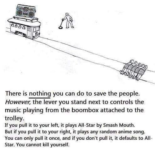 There is nothing you can to save the people. However, the lever you stand next to controls the music playing from the boombox attached to the trolley. If you pull it to your left, it plays All-Star Sm
