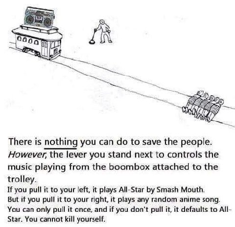 There is nothing you can to save the people. However, the lever you stand next to controls the music playing from the boombox attached to the trolley. If you pull it to your left, it plays All-Star Sm
