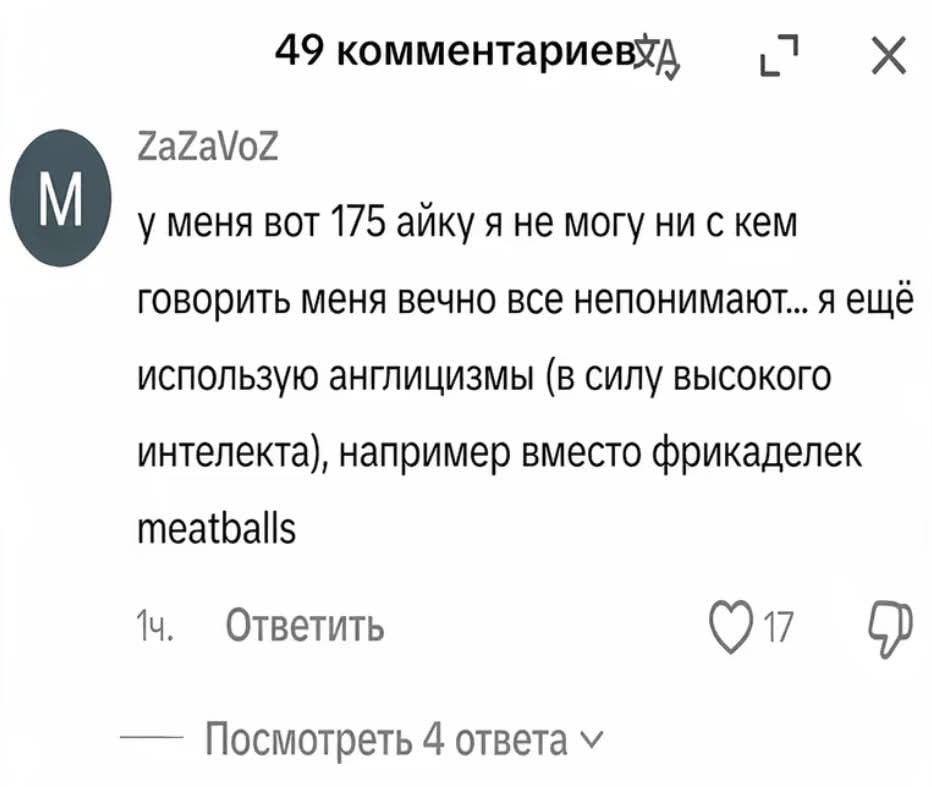 49 комментариевхд (1 ZaZaVoZ у меня вот 175 айку я не могу ни с кем говорить меня вечно все непонимают... я ещё использую англицизмы (в силу высокого интелекта), например вместо фрикаделек meatballs О