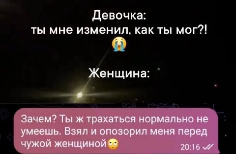 Девочка: ты мне изменил, как ты мог?! Женщина: Зачем? Ты ж трахаться нормально не умеешь. Взял и опозорил меня перед чужой женщиной 20:16