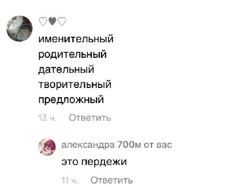 именительный родительный дательный творительный предложный 34. Ответить ‘a александра от Bac это пердежи Ответить
