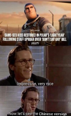 3 SAME-SEX KISS RESTORED IN PIXAR’S ‘LIGHTYEAR’ FOLLOWING STAFF UPROAR OVER ‘DON'T SAY GAY’ BILL Impressive, very nice Now see the Chinese version