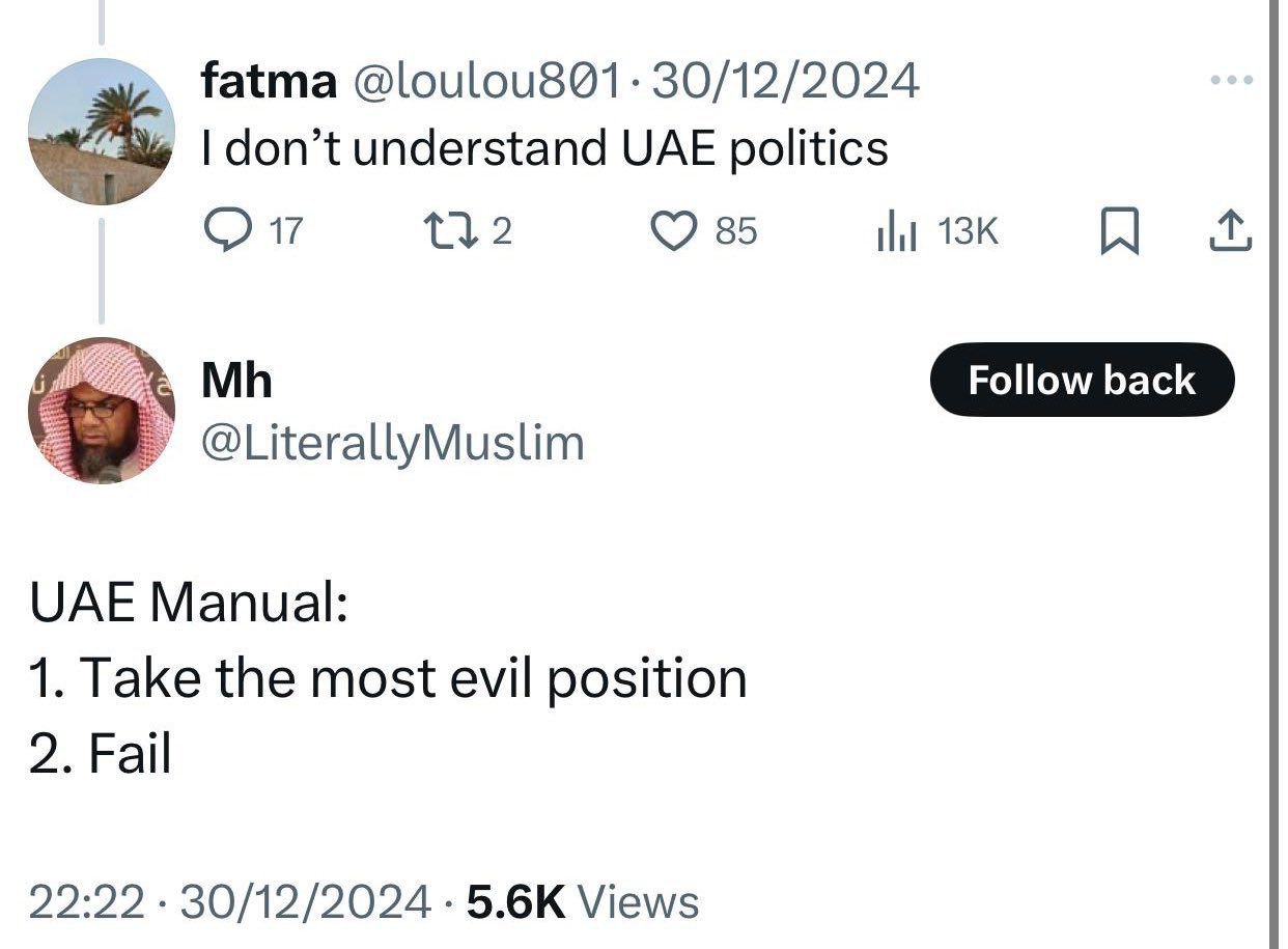 фанта @loulou8Q1 30/12/2024 don’t understand UAE politics мы 85 13К @LiterallyMuslim UAE Manual: 1. Take the most evil position 2. Fail 22:22 30/12/2024 Views