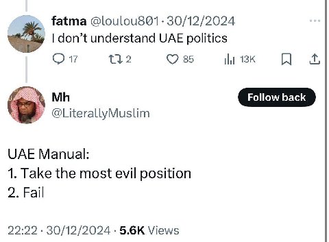 фанта @loulou8Q1 30/12/2024 don’t understand UAE politics мы 85 13К @LiterallyMuslim UAE Manual: 1. Take the most evil position 2. Fail 22:22 30/12/2024 Views