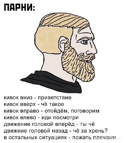 ПАРНИ: be кивок вниз приветствие кивок вверх чё такое кивок вправо отойдём, поговорим кивок влево иди посмотри движение головой вперёд ты чё движние головой назад чё за хрень? в остальных ситуациях по