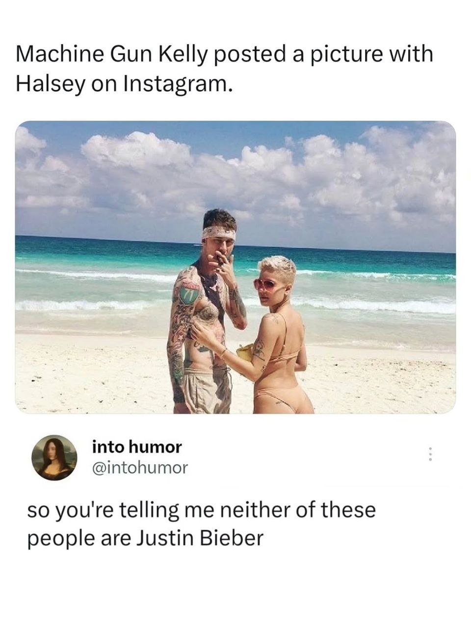 Machine Gun Kelly posted а picture with Halsey on Instagram. into humor @intohumor so you're telling me neither of these people are Justin Bieber