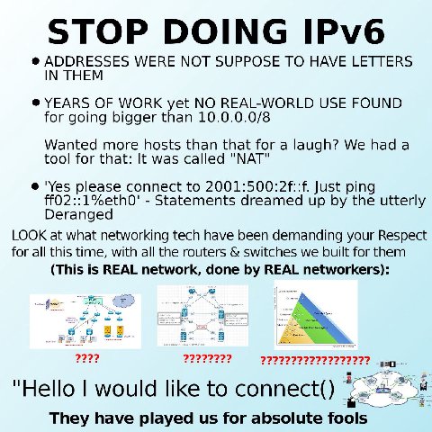 ADDRESSES WERE МОТ SUPPOSE ТО HAVE LETTERS IN THEM YEARS OF WORK NO REAL-WORLD USE FOUND for going bigger than 10.0.0.0/8 Wanted more hosts than that for a laugh? We had a tool for that: It was called