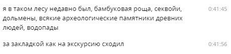 я втаком лесу недавно был, бамбуковая роща, секвойи, 0:41:45 дольмены, всякие археологические памятники древних людей, водопады за закладкой как на экскурсию сходил 0:41:56