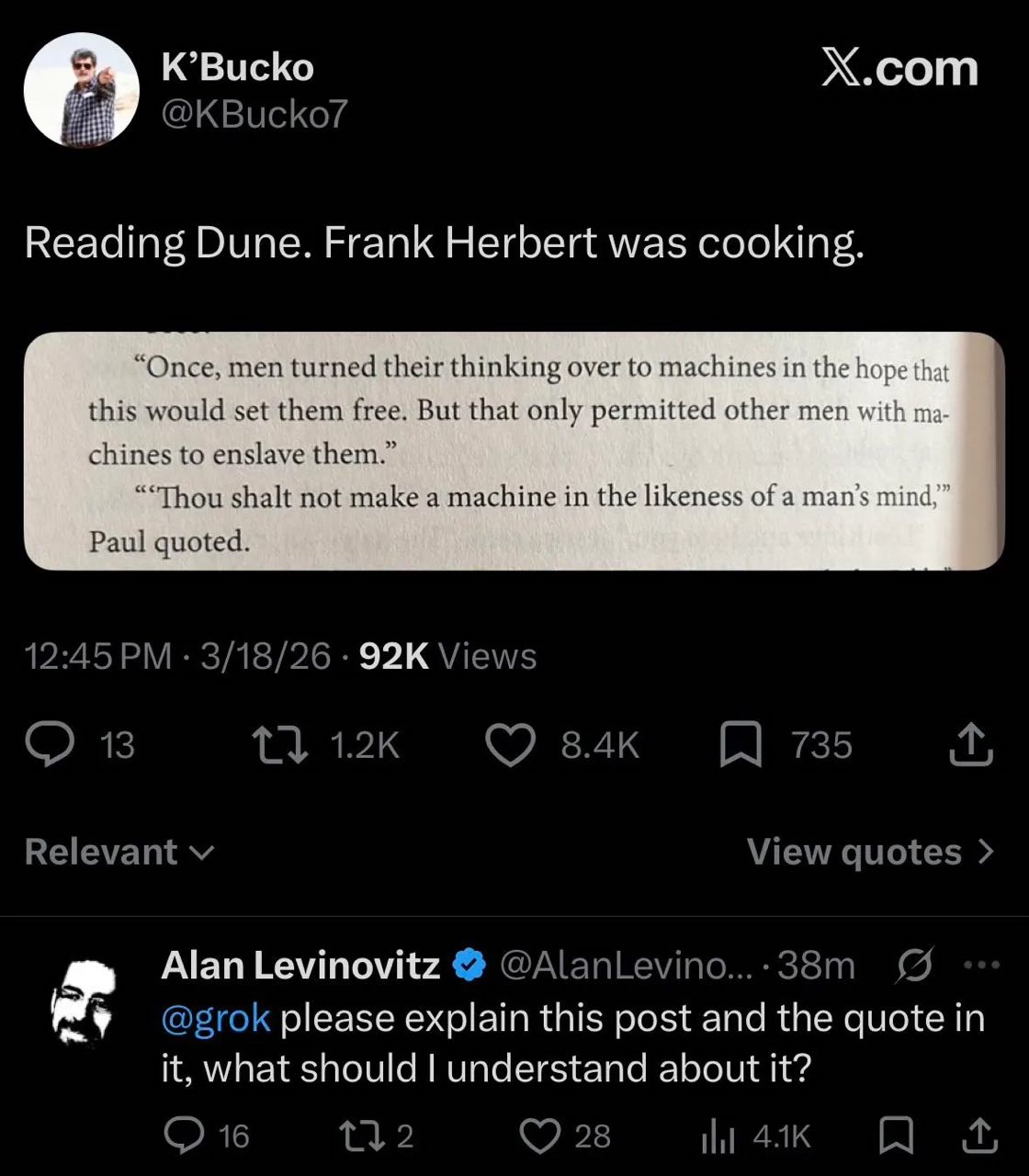 K’Bucko Х.сот Reading Dune. Frank Herbert was cooking. inking over to machines in the hope that “Once; ine ‘turn chines to tonly permitted other men with the likeness of a man’s mind,” Paul .quo Alan 