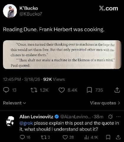 K’Bucko Х.сот Reading Dune. Frank Herbert was cooking. inking over to machines in the hope that “Once; ine ‘turn chines to tonly permitted other men with the likeness of a man’s mind,” Paul .quo Alan 