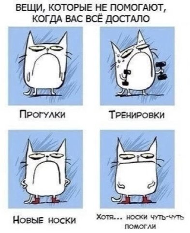 ВЕЩИ, КОТОРЫЕ НЕ ПОМОГАЮТ, КОГДА ВАС ВСЁ ДОСТАЛО Прогулки ТРЕНИРОВКИ Хотя... НОСКИ ЧУТЬ-ЧУТЬ Новые носки