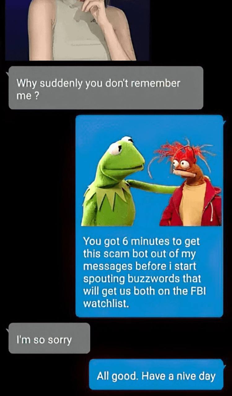 Why suddenly you don't remember me You got 6 minutes to get this scam bot out of my messages before i start spouting buzzwords that will get both on the FBI watchlist. so sorry All good. Have a nive d