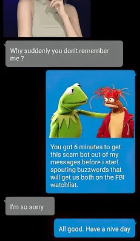 Why suddenly you don't remember me You got 6 minutes to get this scam bot out of my messages before i start spouting buzzwords that will get both on the FBI watchlist. so sorry All good. Have a nive d