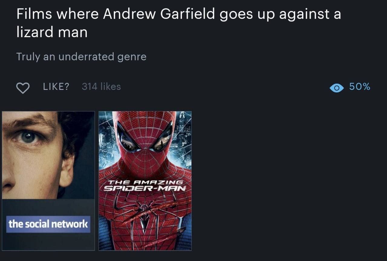 Films where Andrew Garfield goes up against а lizard man у the social network