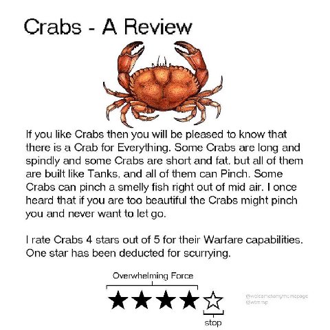 Crabs А Review 90) If you like Crabs then you will be pleased to know that there is a Crab for Everything. Some Crabs are long and spindly and some Crabs are short and fat. but all of them are built l
