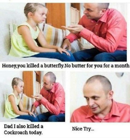 4 Honey,you killed a butterfly.No butter for you for a month a №2 Dad I also killed а Nice Try. Cockroach today.