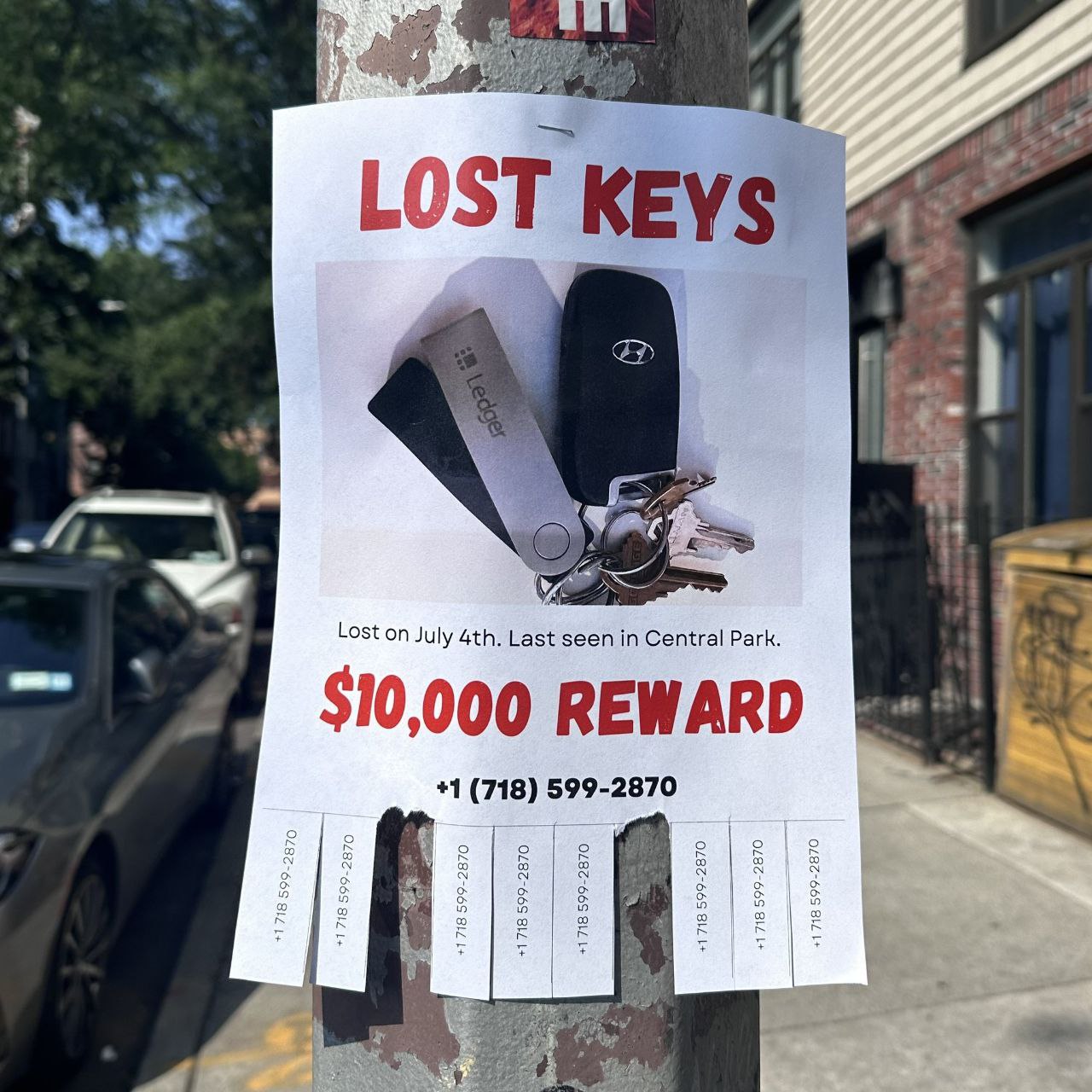 as KEYS Lost on July Last seen in Central Park. $10,000 REWARD +1 (718) 599-2870 i о