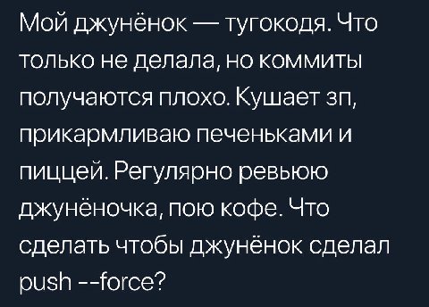 Мой джунёнок тугокодя. Что только не делала, но коммиты получаются плохо. Кушает прикармливаю печеньками и пиццей. Регулярно ревьюю джуненочка, пою кофе. Что сделать чтобы джунёнок сделал oush --югсе?