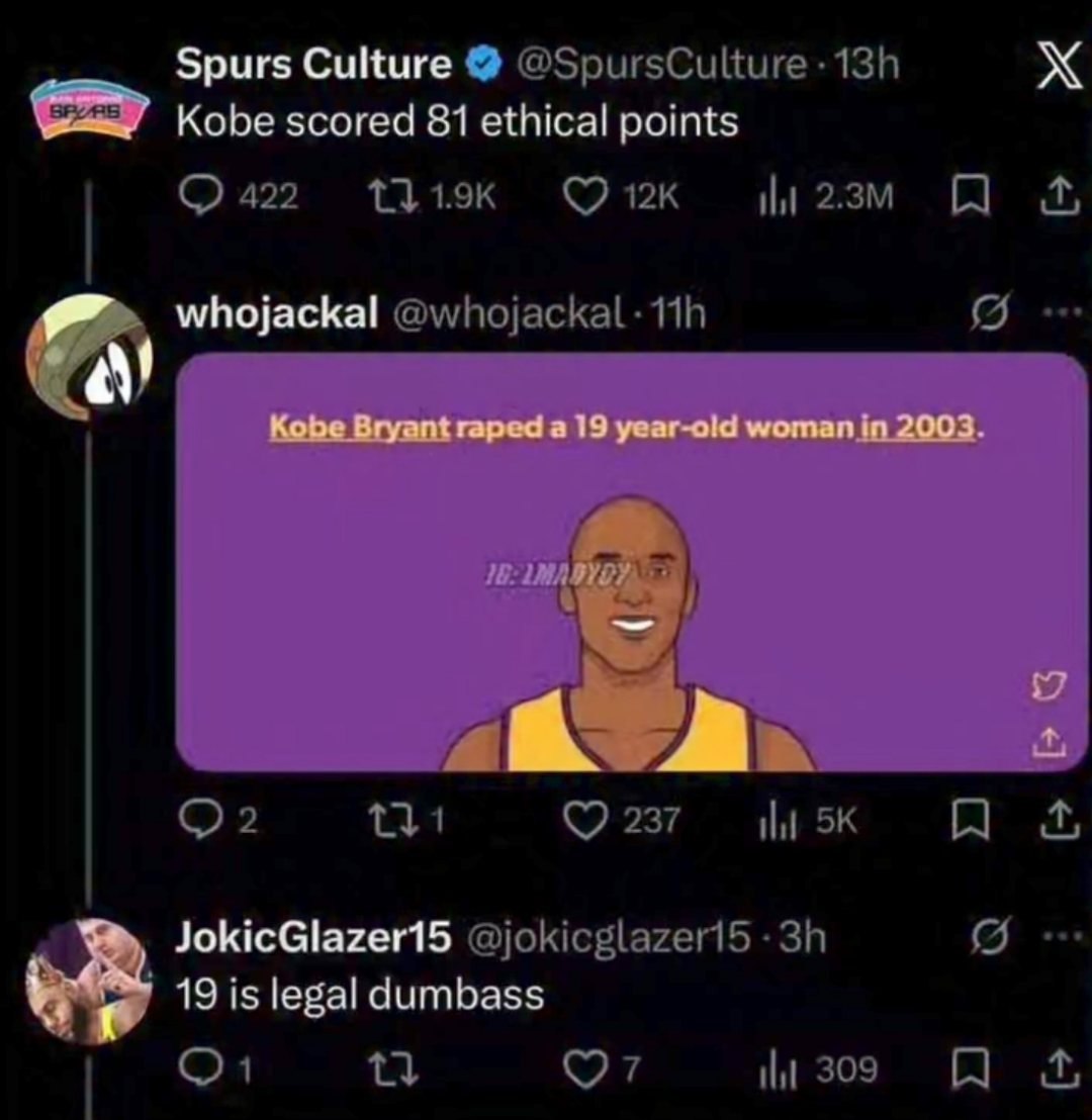Spurs Culture Kobe scored 81 ethical points whojackal Kobe Bryant raped a 19 year-old woman in 2003 в JokicGlazer15 у 19 is legal dumbass