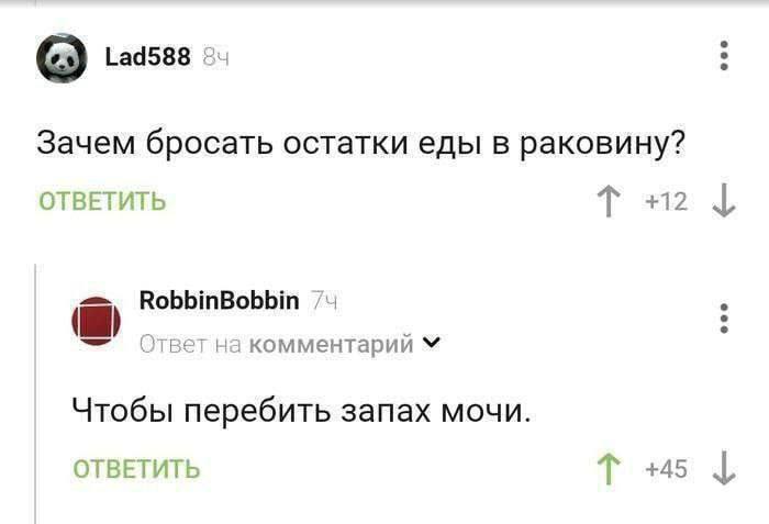 о Lad588 Зачем бросать остатки еды в раковину? ОТВЕТИТЬ +12 RobbinBobbin Ответ на комментарий Чтобы перебить запах мочи. ОТВЕТИТЬ +45