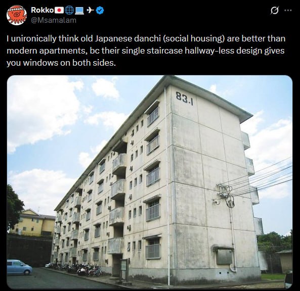 unironically think old Japanese danchi (social housing) are better than modern apartments, their single staircase hallway-less design gives you windows on both sides. Я 4 4 7 4 2 а