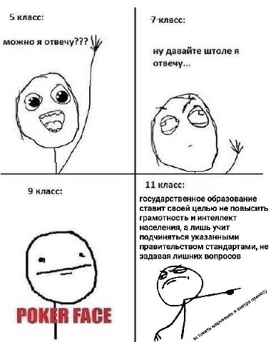 5 класс: 7-класс: можно я отвечу ну давайте штоле я отвечу.. AS 11 класс: 9 класс: государственное образование ставит своей целью не повысить грамотность и интеллект населения, а лишь учит подчиняться