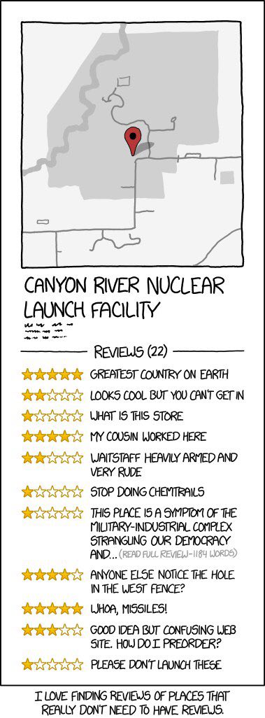 CANYON RIVER NUCLEAR LAUNCH FACILITY REVIEWS (22) GREATEST COUNTRY ON EARTH LOOKS COOL BUT YOU CANT GET IN WHAT IS THIS STORE MY COUSIN WORKED HERE WAITSTAFF HEAVILY ARMED AND VERY RUDE STOP DOING CHE