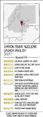CANYON RIVER NUCLEAR LAUNCH FACILITY REVIEWS (22) GREATEST COUNTRY ON EARTH LOOKS COOL BUT YOU CANT GET IN WHAT IS THIS STORE MY COUSIN WORKED HERE WAITSTAFF HEAVILY ARMED AND VERY RUDE STOP DOING CHE