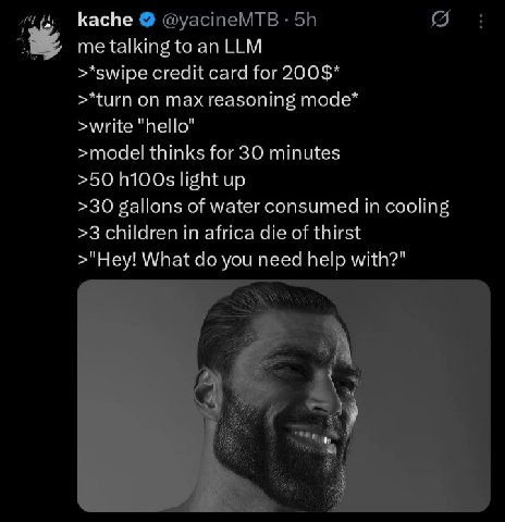 Каспе me talking to LLM >*swipe credit card for 200$* on max reasoning mode* >write >model thinks for 30 minutes >50 light up >30 gallons of water consumed in cooling >3 children in africa die of thir