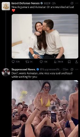 Israel Defense Forces Noa Argamani and Avinatan Or are reunited at last Suppressed News. Don't worry Avinatan, she was very sad and loyal while waiting for you и