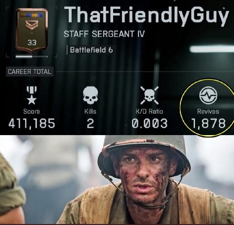ThatFriendlyGuy STAFF SERGEANT 3 Battlefield 6 CAREER TOTAL 2 Score Kills Ratio Revives 411,185 2 0.003 1,878 Я