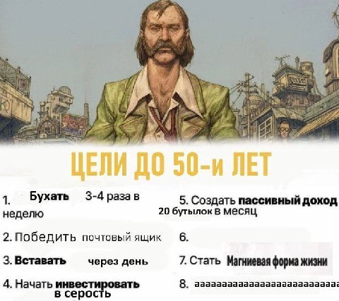 ЦЕЛИ ДО 50-и ЛЕТ Бухать 3-4 раза в 5. Создать пассивный доход неделю 20 месяц 2.Победить почтовый ящик б6. 3.Вставать через день 7. Стать Магниевая форма жизни 4. Начать инвестировать 8. ааааааааааааа